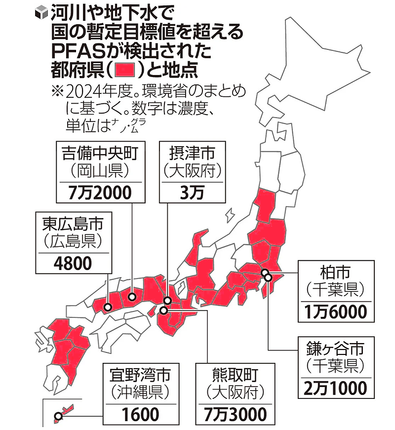 河川や地下水で国の暫定目標値を超えるＰＦＡＳが検出された都府県と地点
